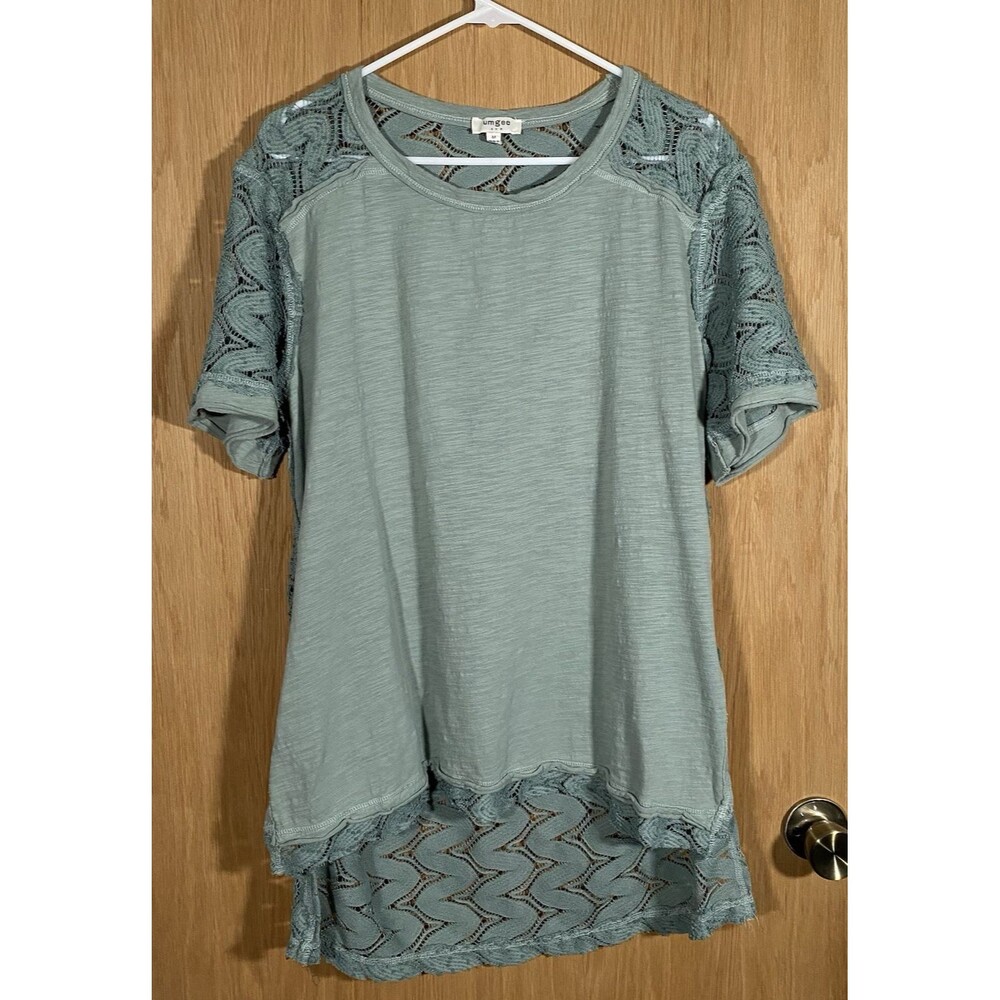 Umgee Women's M Sage Green Top Hi-Lo Lace Back Oversized Boho Fairy Romantic